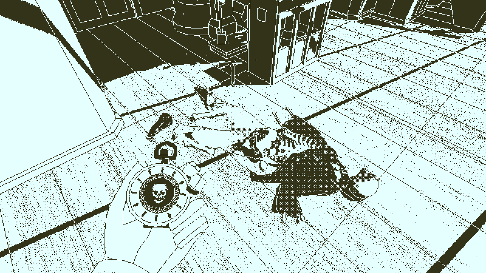Screenshot from The Return of the Obra Dinn, showing a first-person perspective of someone wearing a glove holding a pocket watch with a skull on it, looking down at a skeleton on the deck of a ship. Sourced from https://obradinn.com/